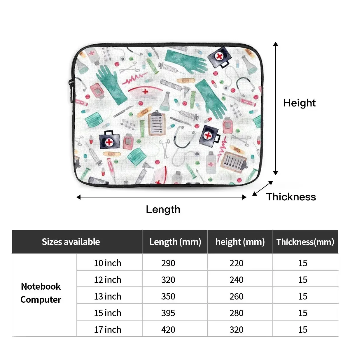 Medical Pattern Doctor Nurse Watercolor Notebook Laptop Bag Case Pouch 10 12 13 15 17 Inch Tablet Shockproof Case Bag
