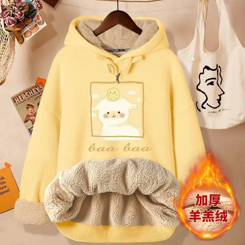 thumbnail image 1 of Sudadera con capucha de terciopelo grueso de invierno para mujer, sudadera con capucha con letras para mujer, jersey de talla grande, tops de manga larga de lana de cordero cálidos, abrigo, 1 of 5