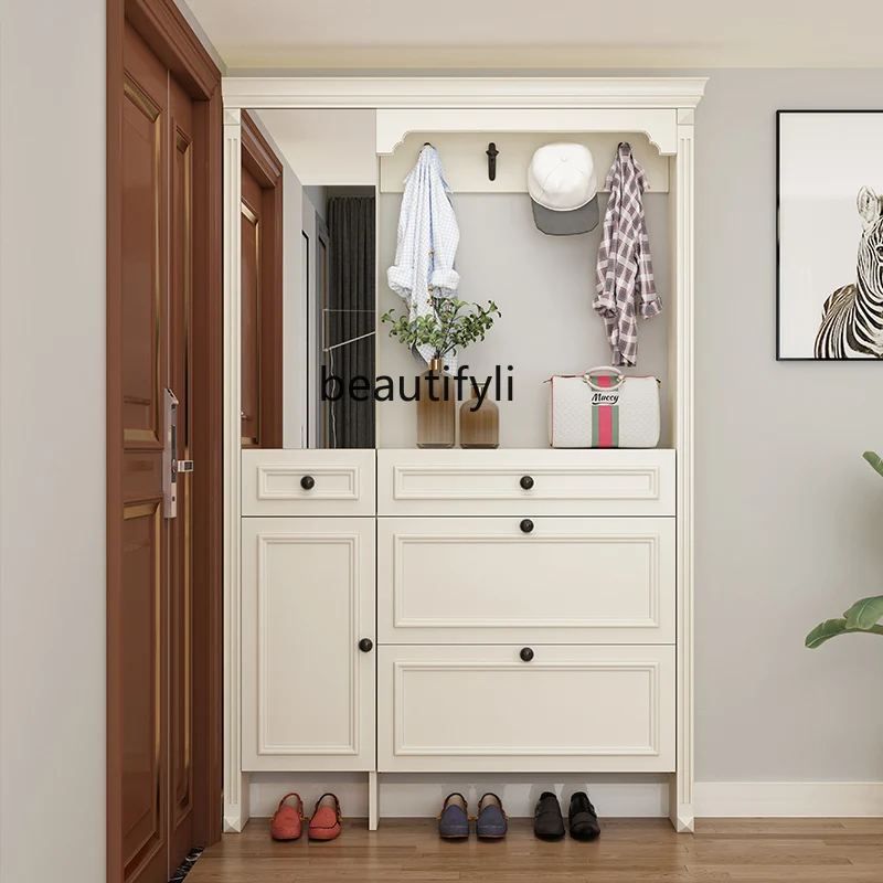 

American-Style Solid Wood Ultra-Thin Flip Shoe Cabinet Hallway Cabinet Nordic Coat Cabinet with Mirror