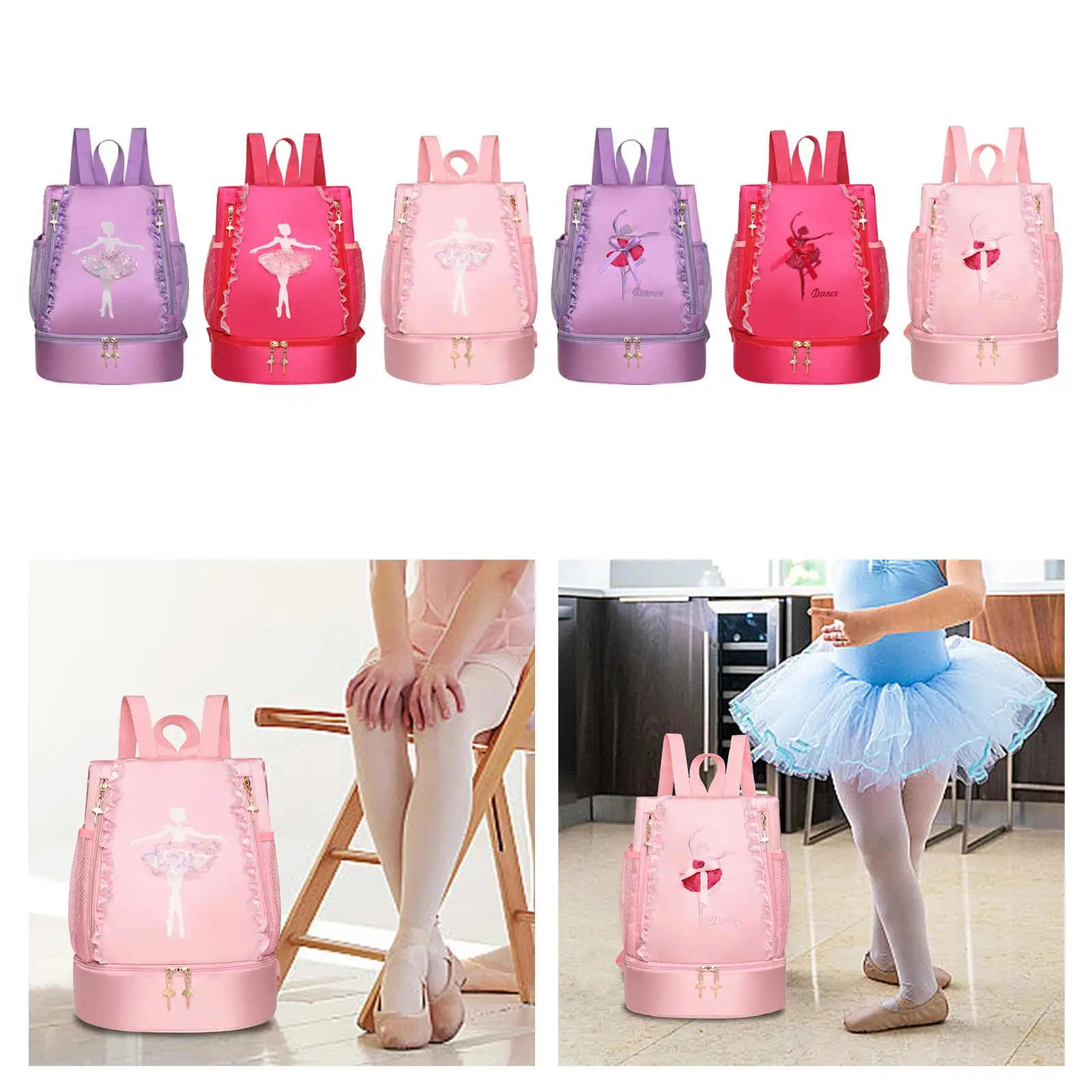 Borsa Da Ballo Per Bambine Con Ricamo Principessa, Zaino A Tracolla Per Balletto, 27x16x20 Cm, Rosa/Viola