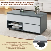 Table basse pliable, avec une plaque hydraulique double et un espace de rangement, sur roulettes, pour le salon, en aggloméré gris et blanc 3