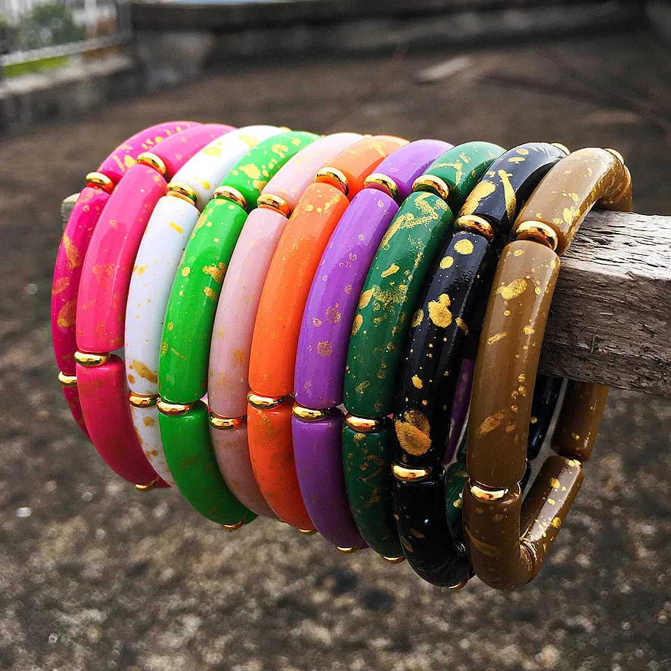 FishSheep Bohemian Colorful Speckled Acrylic Bamboo Bracelet for Women Resin Tube Beads Bracelets Bangles 2022 Fashion Jewelry