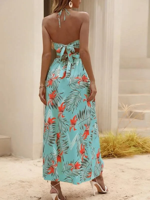Print Halter Neck Slit Dresses Women Sexy Deep V-neck Hollow Out Backless Bowknot Leace-up Long Dress Female Streetwear Vestidos 8 undefined
