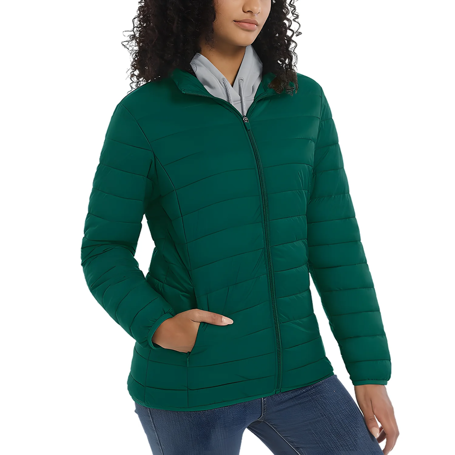 Damen-Pufferjacke mit Stehkragen, durchgehender Reißverschluss, leichte, warme Steppjacke, mehrere Taschen, gepolsterte Herbst-Winter-Outdoor-Jacke – Detail 9