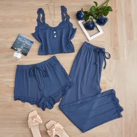 Ensemble de pyjamas 3 pièces pour femmes, vêtements de nuit, débardeur uni, shorts et pantalon, avec empiècements en dentelle, pour la maison et les loisirs 3