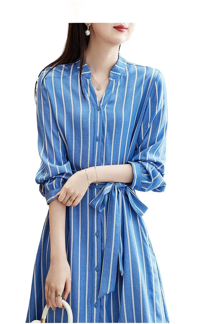 

2023 Women's Clothing New Striped V-neck Waist-Controlled Slimming Shirt Dress