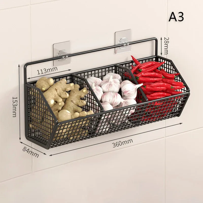 Kitchen Wall Mounted Storage Rack Onion Ginger Garlic Condiments Spice Kitchen Shelf Punch-Free Vegetable Fruit Drain Basket - 6