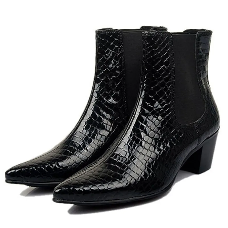 

New 6cm high Heel Genuine leather Serpentine Pionted toe Dress Wedding Boots Japanese style Catwalk Men Botas