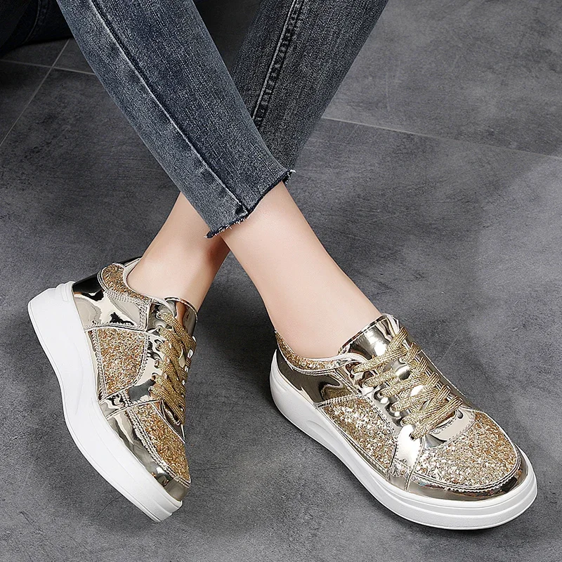 Over Size 35-43 Women Sport Sneakers Comfortable Flat Female Traveler Big Size 41 42 43 Walking Shoes Gold Athletic Trainers