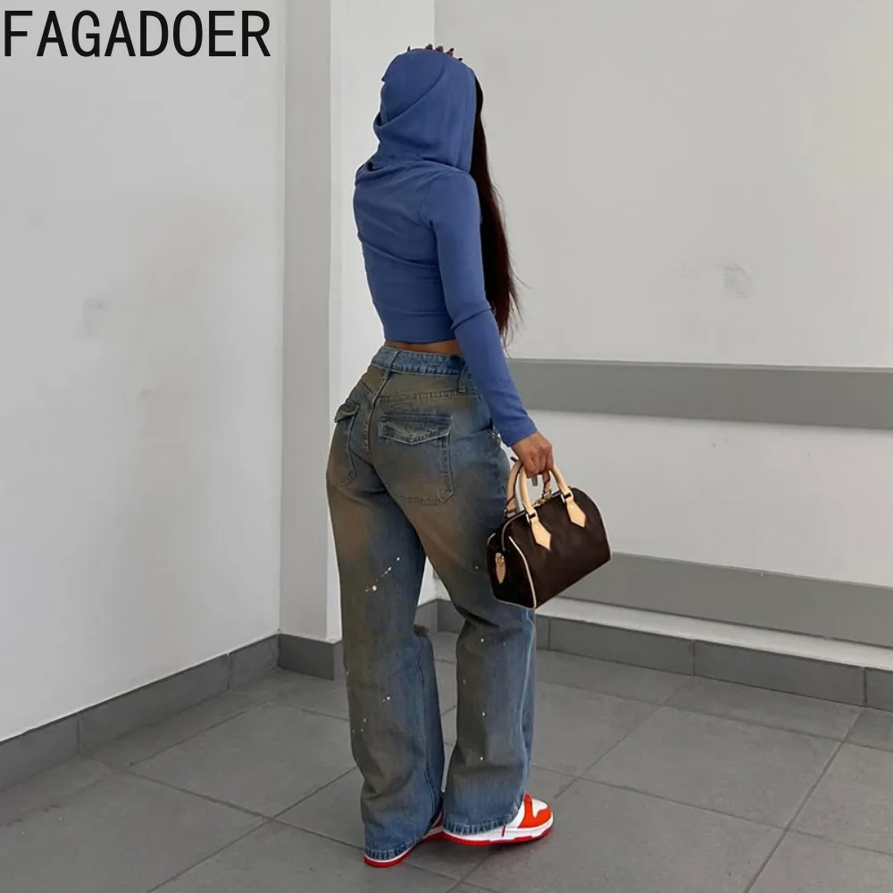 FAGADOER Vintage Gradient Denim Fashion Hole Pants Women High Waisted Button Pocket Straight Jean Female Printing Cowboy Bottoms