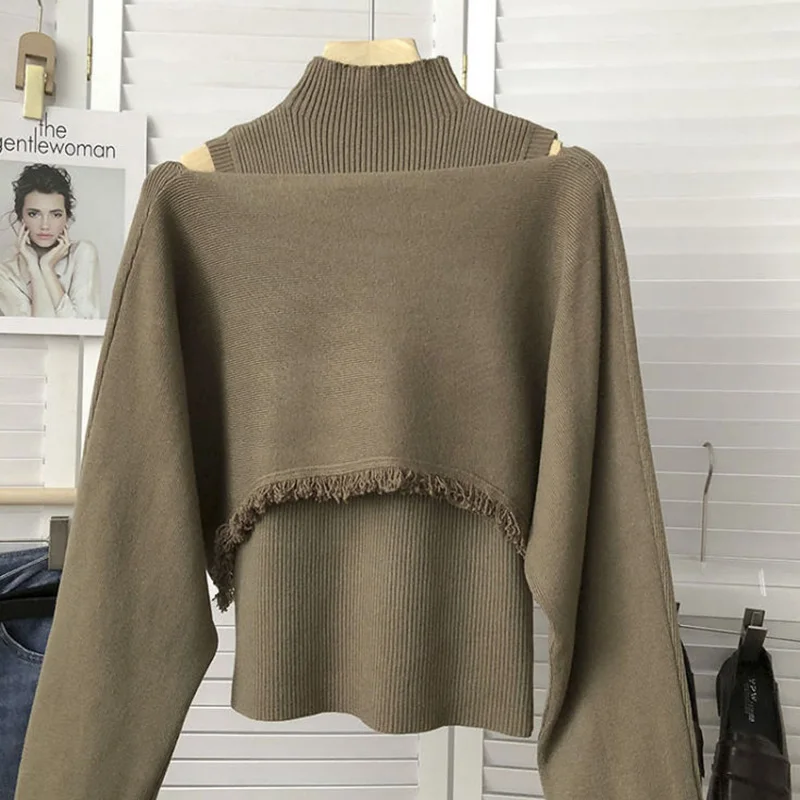 

Sexy Fake Two Pieces Sweater Solid Color Women Spring Turtleneck Tassel Design Pullover Korean Style Elegant Vintage Knit Tops