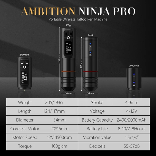 Ambition Ninja Pro ワイヤレス タトゥー マシン ストローク 4.0