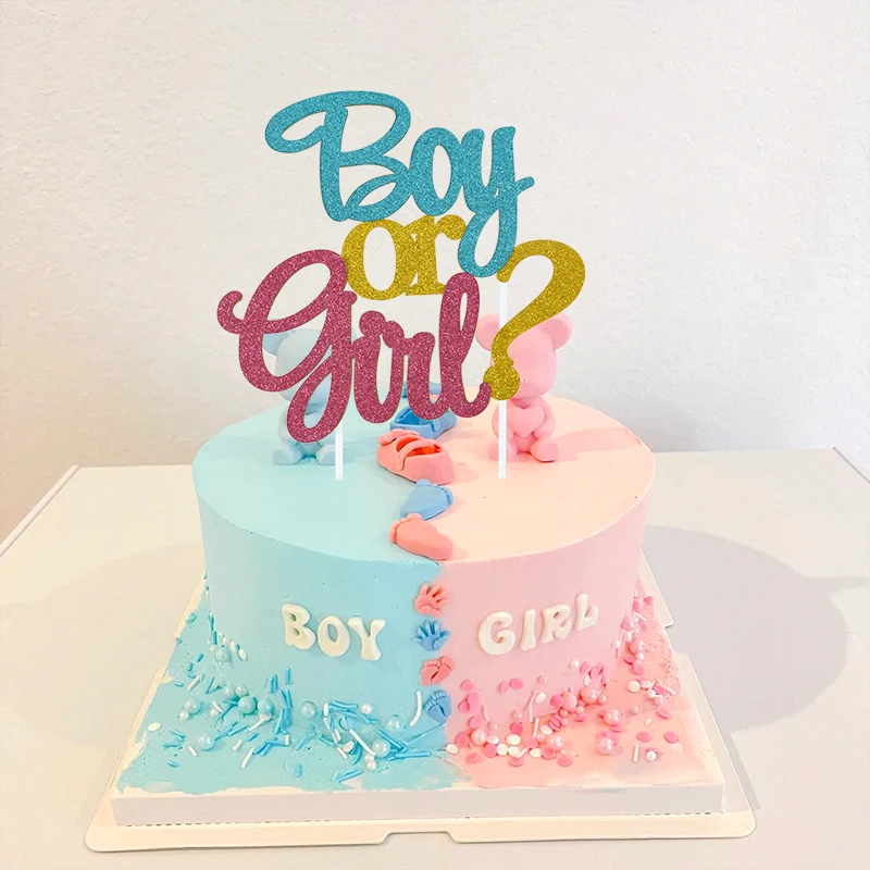 Glitter Boy or Girl Cake Toppers Gender Reveal Party Cake Decorations Pink Blue He or She Supplies Birthday Party Cake Flags