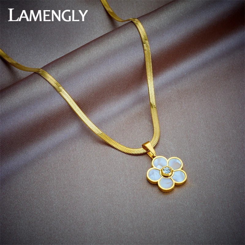 

LAMENGLY 316L Stainless Steel Flower Zircon Pendant Necklace For Women Girl New Clavicle Chain Non-fading Jewelry Gift Party