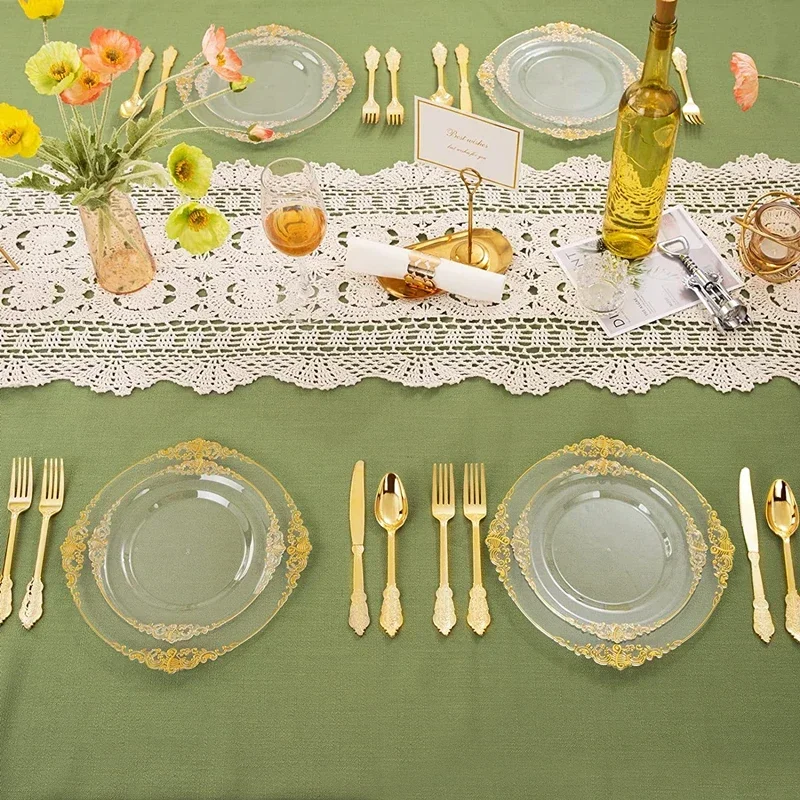 50 People Plastic Dinner Plates White Plastic Plates with Gold Rim Gold Lace for Weddings Celebration