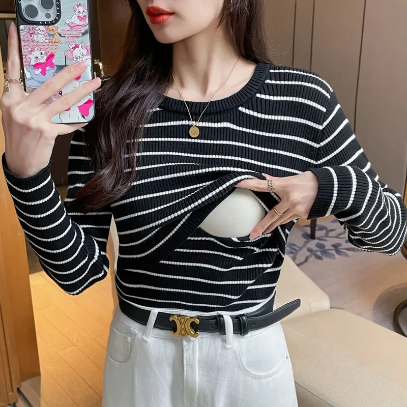 Autumn Winter Thick Warm Striped Knitted Maternity Nursing T-shirts Slim Breastfeeding Sweaters for Pregnant Women Pregnancy Top