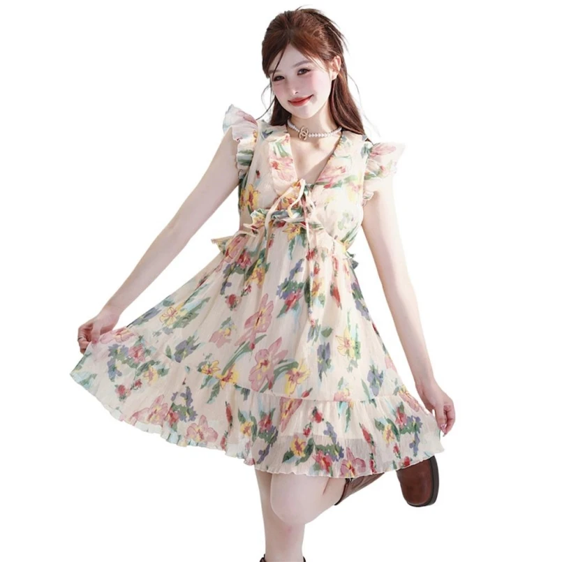 

V-neck Ruffles Women Slim Mini Dress 2024 Summer Fashion Chic Flying Sleeves A-line Short Dress Female Pleated Dress Y2K Clothes