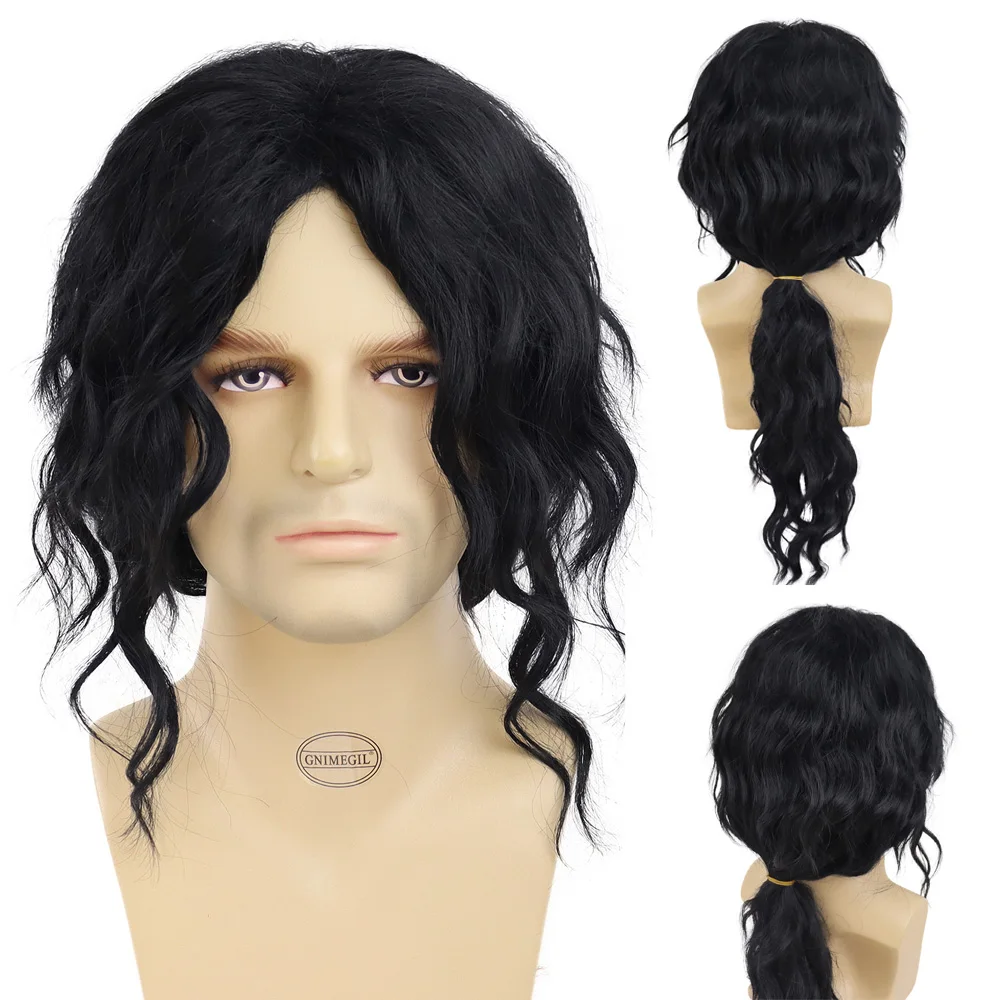 GNIMEGIL Synthetic Wigs for Men Black Long Curly Hair Wig with Bangs