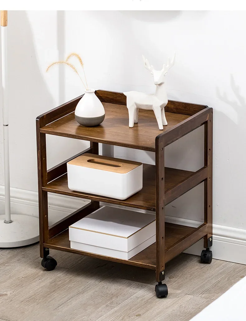 3 Layers Living Room Bamboo Furniture Movable Tea Coffee Tables Home Creative Beside Sofa Family Corner Square Table with Wheels