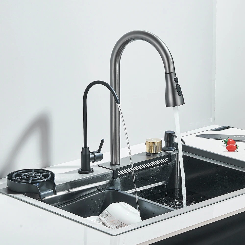 Waterfall Kitchen Sink 201 Stainless Steel Sink Large Single basin With Large Single Slot Sink Above Counter With Cup Disher 4