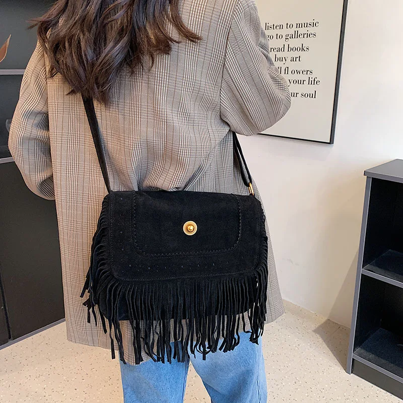 Frosted PU Leather Tassel Fringe Bags Vintage Fashion Designer