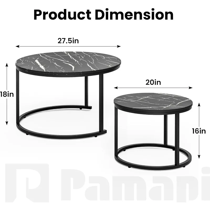 27.5" Nesting Coffee Table,Round Coffee Table Set of 2,Wooden Marble Pattern Nesting Table,Modern End Table for Living Room, 2