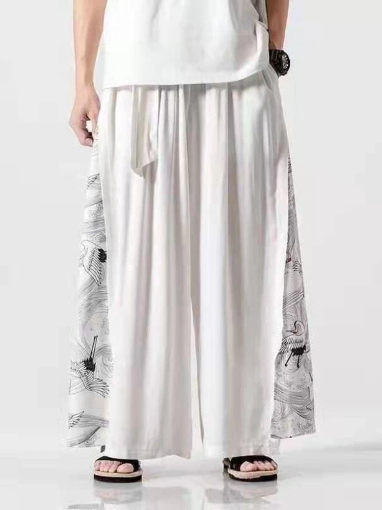 Sommerliche chinesische Eisseide Weite Hosen für Herren mit Taillengürtel, plissiert, lässig, Strand, Oversize, Harajuku Streetwear, Neu, Baumwolle Leinen