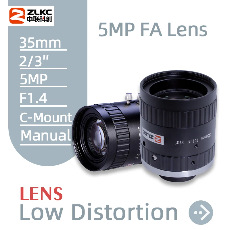 ZLKC 35mm Focus C Mount 2/3 Inch F1.4 FA Machine Vision 5MP High Resolution Manual Iris FA Lens Industrial Low Distortion Camera