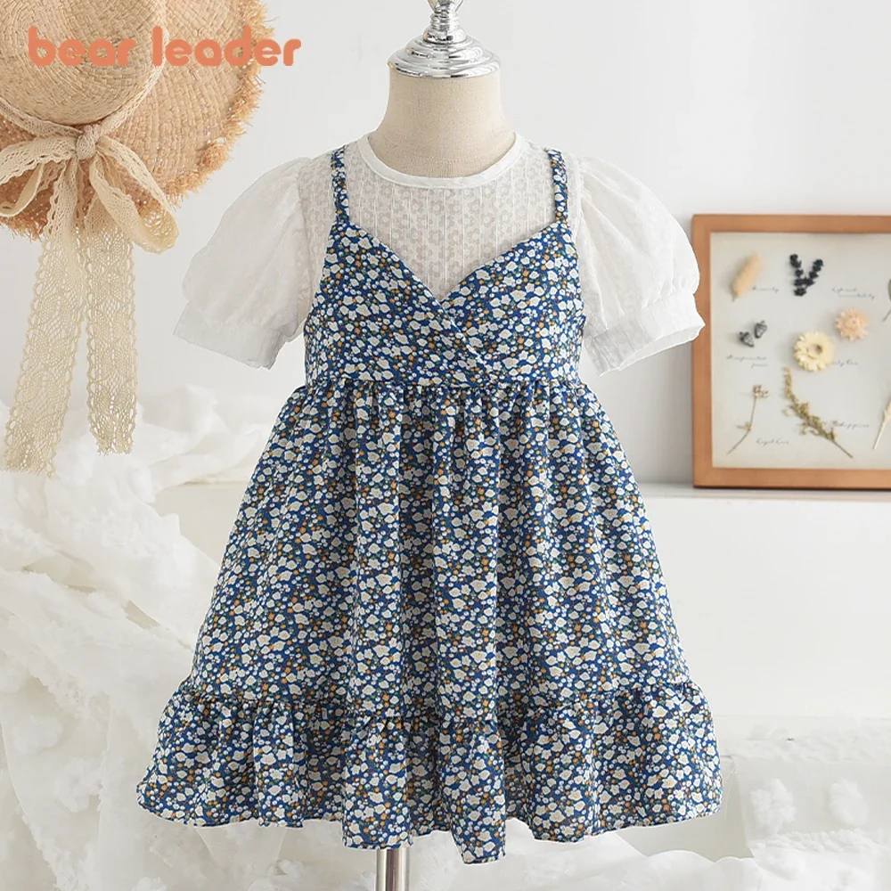 Bear Leader-Robe fleurie en mousseline de soie pour fille, tenue française rustique, faux deux pièces, col licou, nouvelle collection été 2023