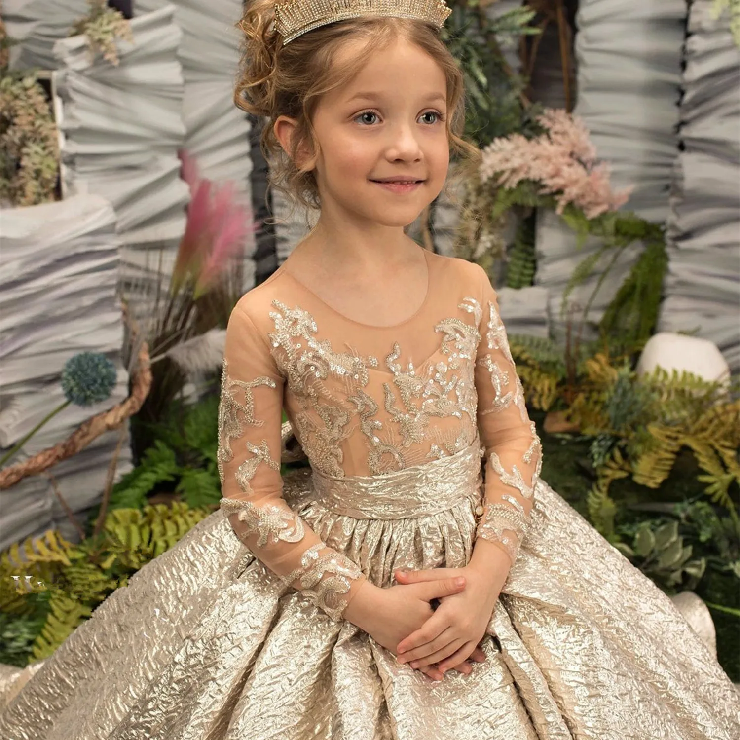 

Flower Girl Dresses Gold Big Bow Appliques Full Illusion Sleeves Birthday Wedding Holiday Bridesmaid Dress Customized Clothing