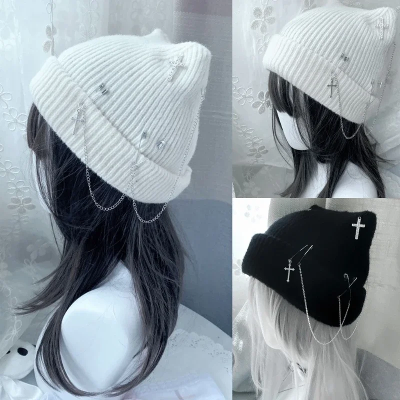 Cappello lavorato a maglia gotico per donna, cappello con orecchie da gatto Y2K, cappello con teschio fatto a mano all'uncinetto, copricapo per sottoculture femminili e adolescenti_voghion.com