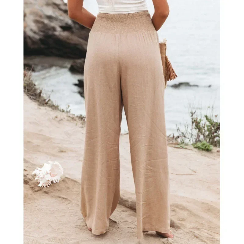 Spring Summer for Women 2024 New Female Pants Office Lady Cotton Linen Pockets Solid Loose Casual White Wide Leg Long Trousers