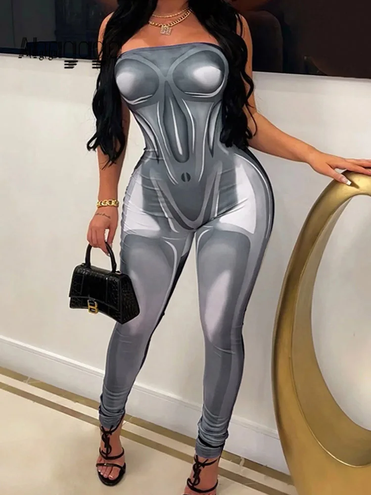 

Ahagaga Body Printed Women Jumpsuits Fashion Strapless Sexy Regular Casual Slim Skinny Sheath Rompers Streetwear Outfits Female