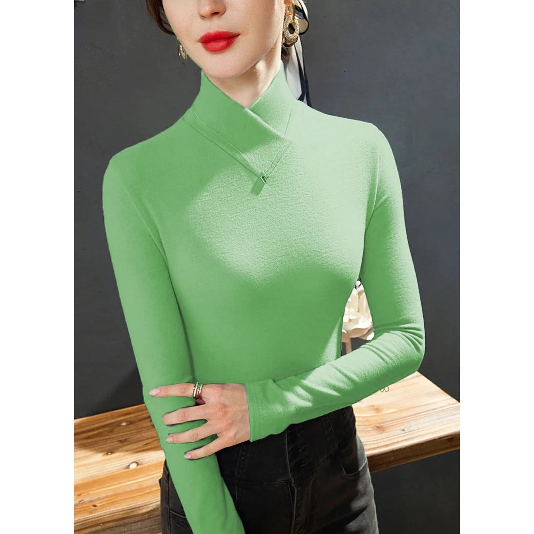 Sweet Elegance Spring Winter Fleecing Thick Velvet Basic Tops Half High Collar Shirt And Blouse Long Sleeve T-shirt for Women