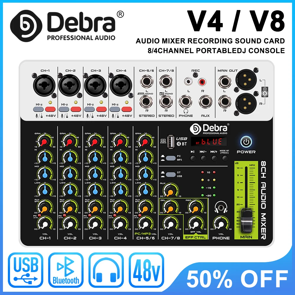 블루투스 5.0 및 USB 팬텀 파워를 갖춘 Debra V4/V8 오디오 믹서, 딜레이 리플레이 효과가 있는 PC 녹음용 DJ 믹서