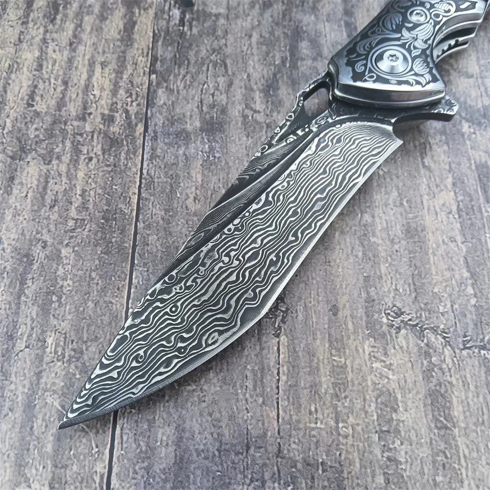 Black Bear Damascus Knife Folding Pocket Knife Damascus Steel Blade Ebony Handle Outdoor EDC Survival Camping Tool with Sheath 2