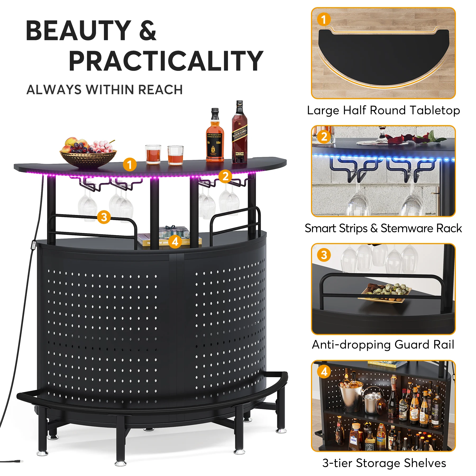 Tribesigns Home Bar Unit with LED Lights, 3 Tier Liquor Bar Table with Stemware Racks & Wine Storage Shelves