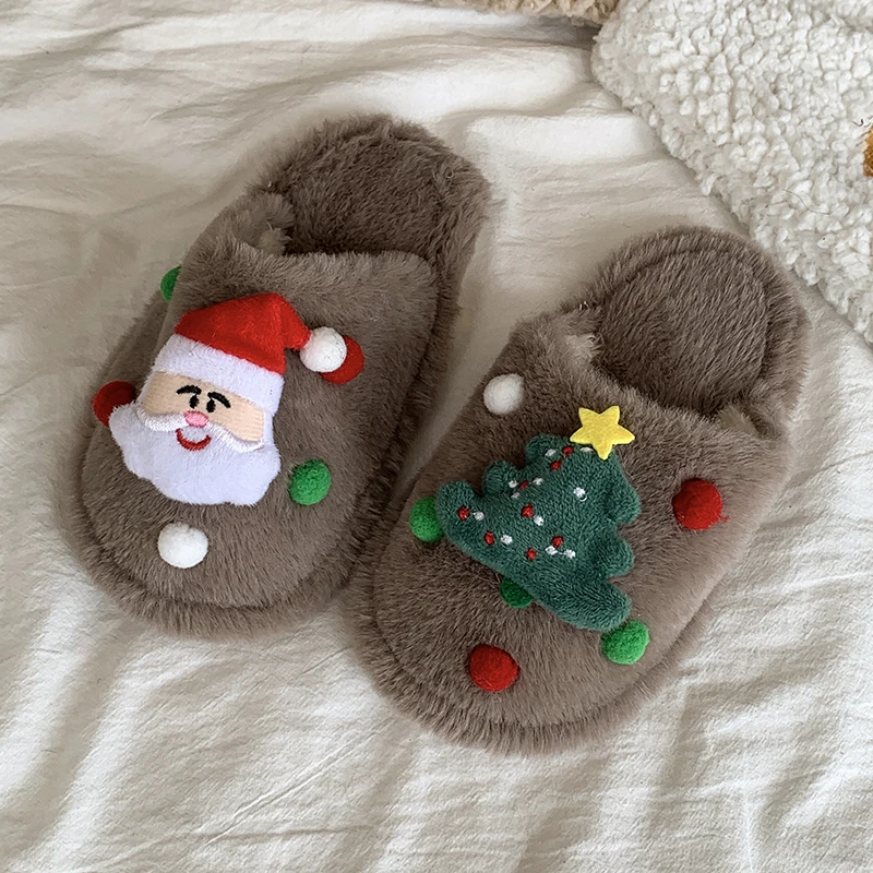 2025 Children Plush Slippers for Girls Boys Winter New Fashion Korean Style Soft Bottom Anti-slippery Versatile Christmas Shoes