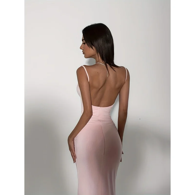 

Solid Backless Spaghetti Strap Cami Dress, Elegant Sleeveless Mermaid Hem Slim Dress, Women's Clothing