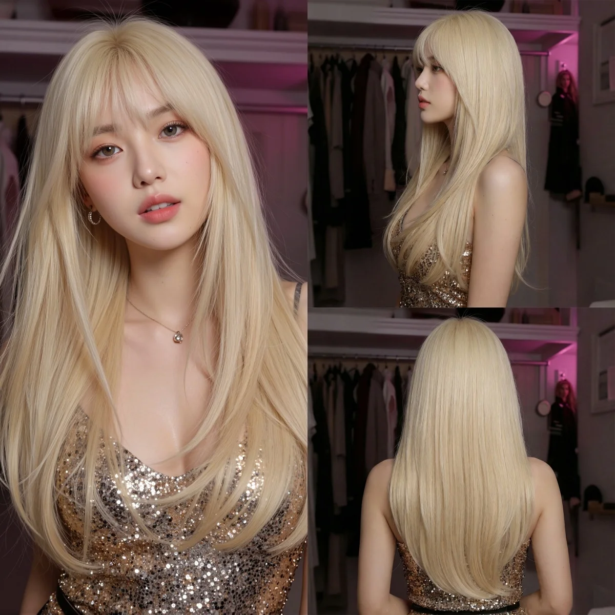 금발 긴 직모 가발 앞머리 포함 자연스러운 합성 헤어 가발 여성용 파티 코스프..