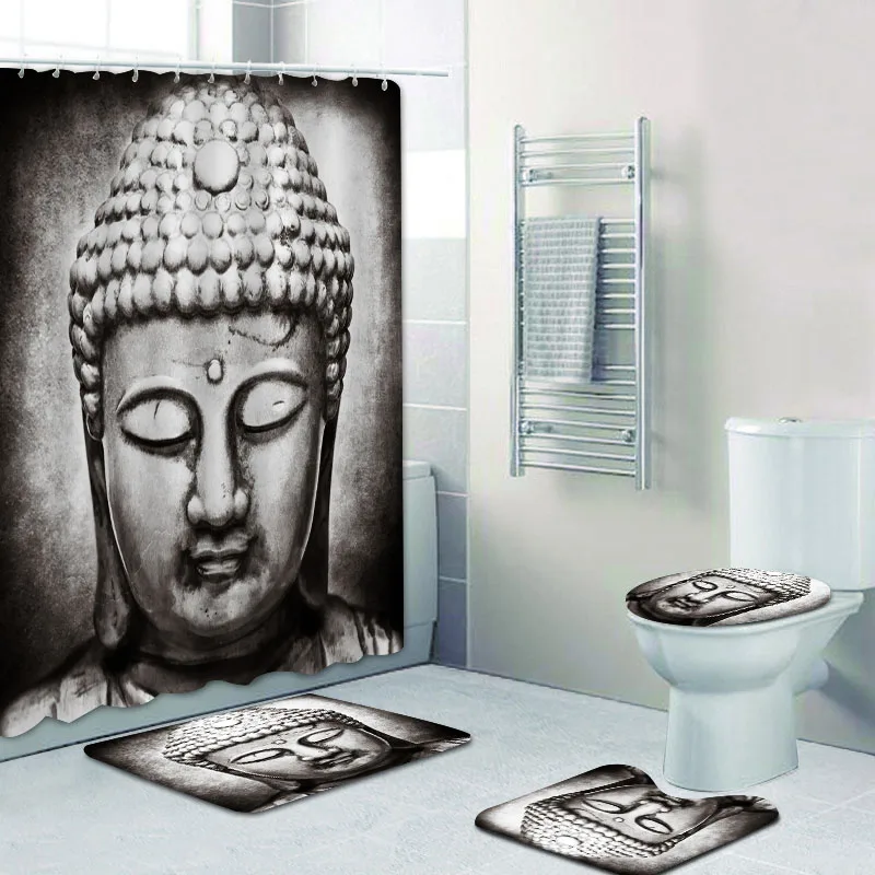 Classic Stone Buddha Head Shower Curtain Set Buddhism Zen Religion Bath