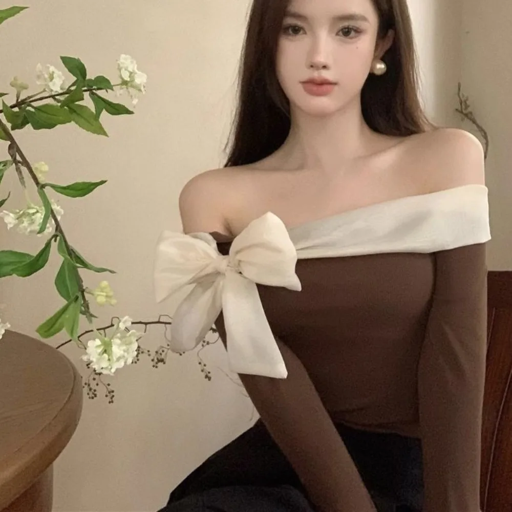 

Милый укороченный топ с бантом в стиле Харадзюку, футболки с длинным рукавом и открытыми плечами, рубашки, пуловеры с лентой для девочек