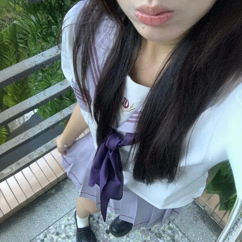 Japanese Uniform JK Grey Purple Top Summer Sailor Collar Vintage Sweet White Short Sleeved Shirt And Mini Skirt Two Pieces Sets
