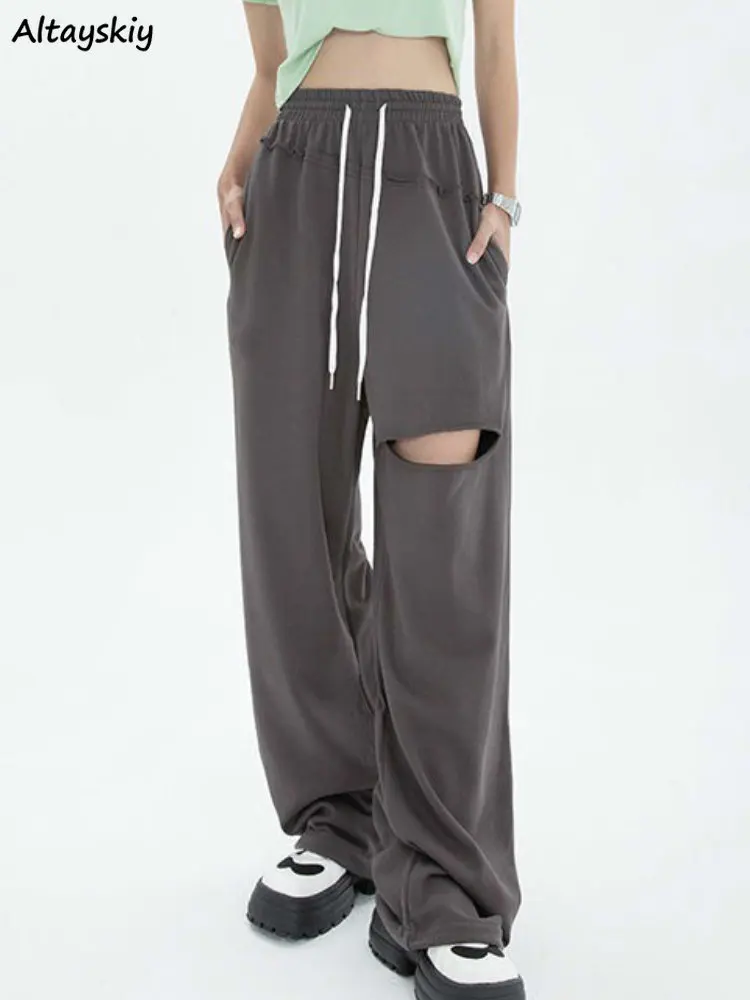 

Pants for Women Hollow Out High Waist Drawstring Korean Style Sporty Wide Leg Pure Design Spring All-match Full-length Students