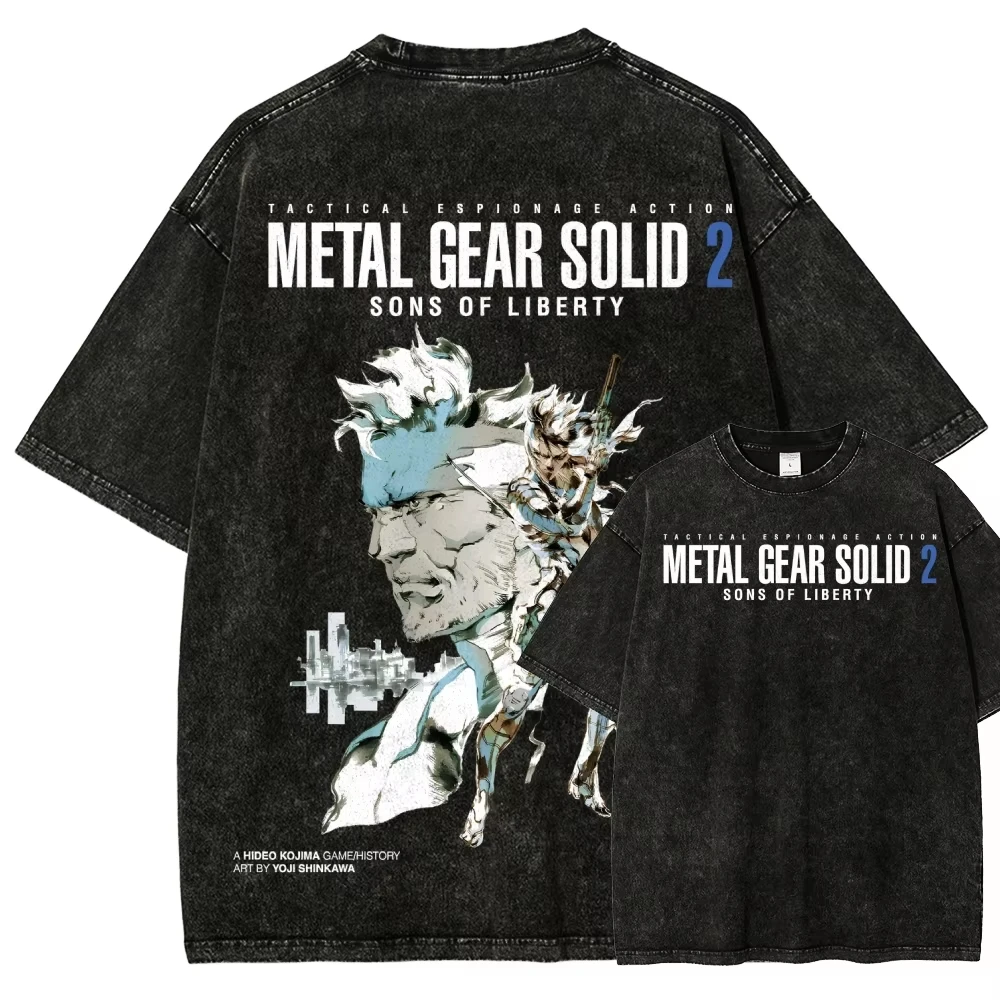 Metal Gear Solid Washed T-Shirt Oversized Unisex Vintage Loose Retro Fashion Streetwear Trendy Baumwolle Kurzarm Klassisch weich