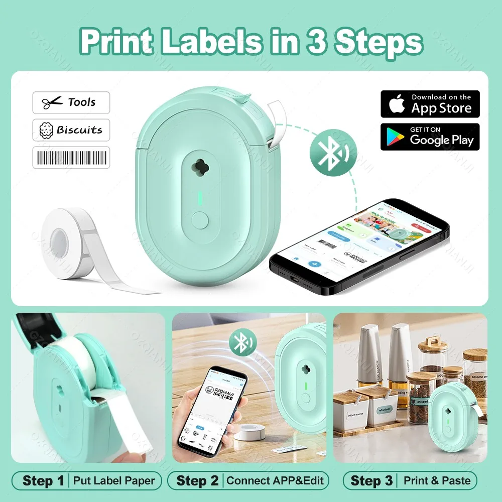 GZQIANJI N12 Mini Thermal Label Printer Portable Bluetooth Sticker Maker Wireless Sticker Machine Inkless Labeller Paper Rolls