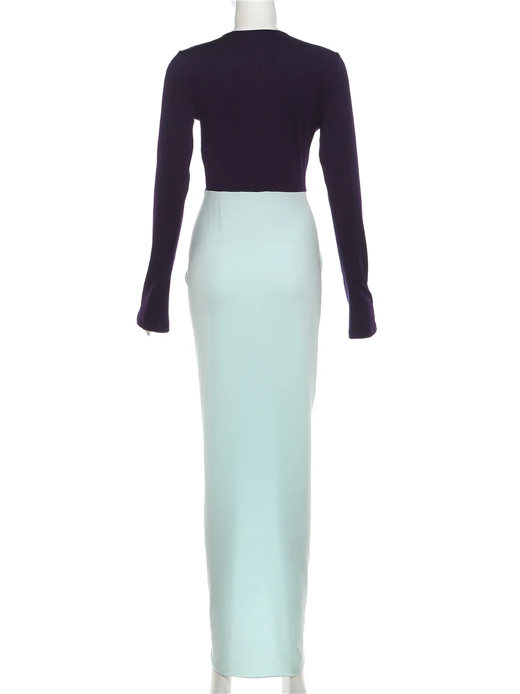 Nibber Fashion Contrast Color Patchwork Long Dress Woman Deep V-Neck Flared Sleeve Ruched Hem Street Elegant Skinny Vestidos