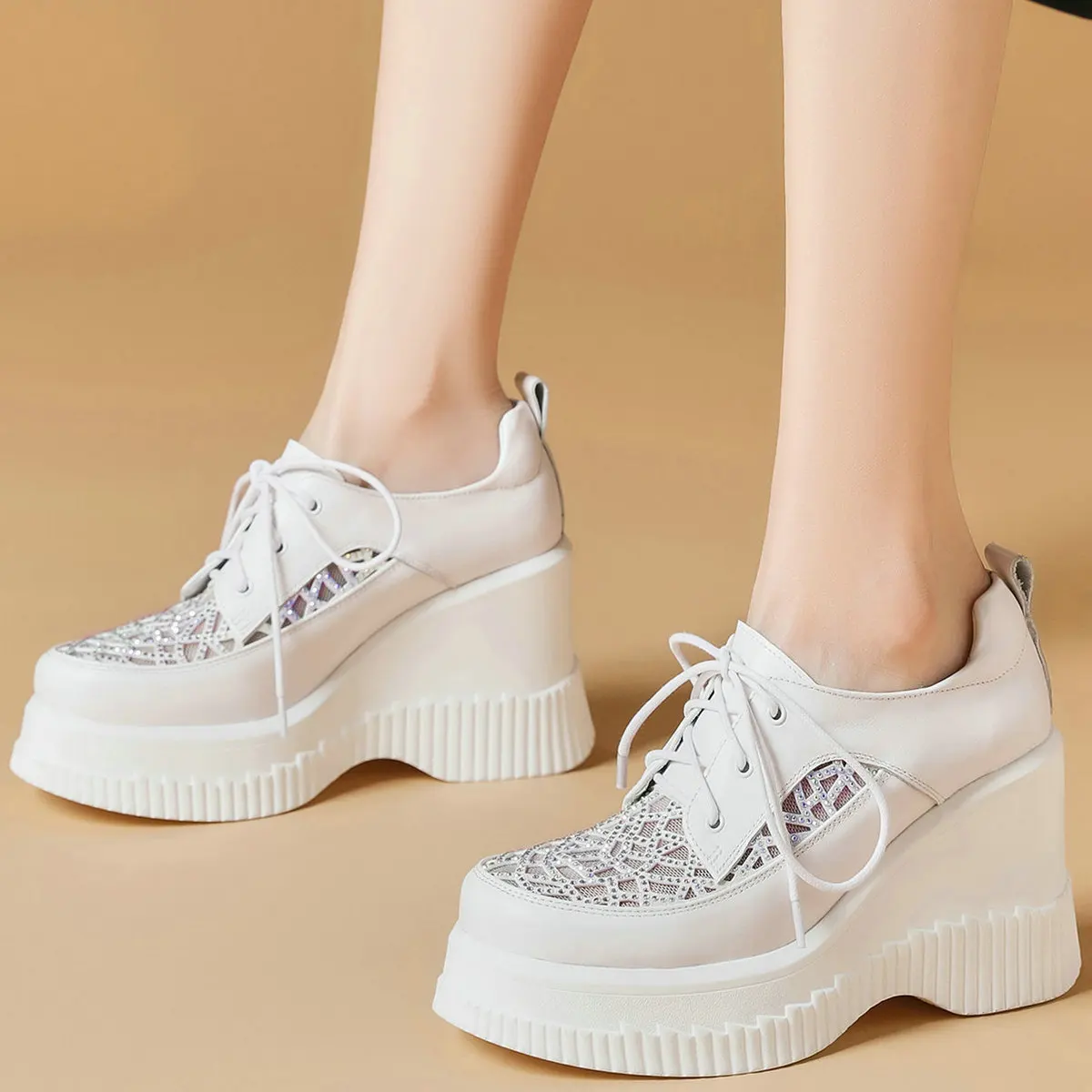 Platform Pumps Shoes Women Genuine Leather Wedges High Heel Ankle Boots Female Lace Up Round Toe Fashion Sneakers Casual Shoes