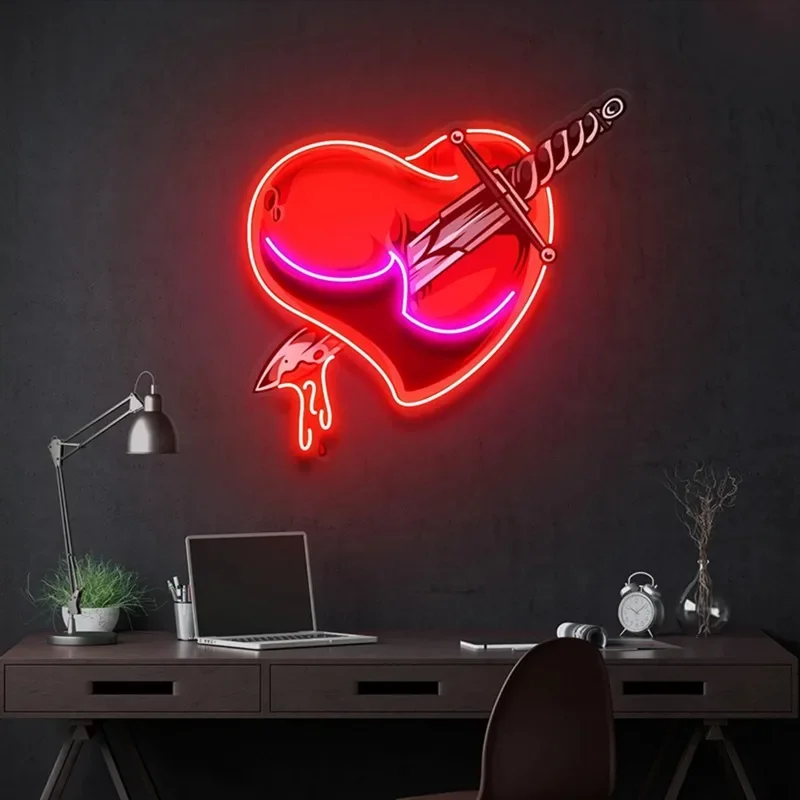 

UV Neon Sign Acrylic ArtWork, Heart Sword Neon Sign for Bedroom Living Room Home Wall Decor Custom Led Neon Light Art Decoration