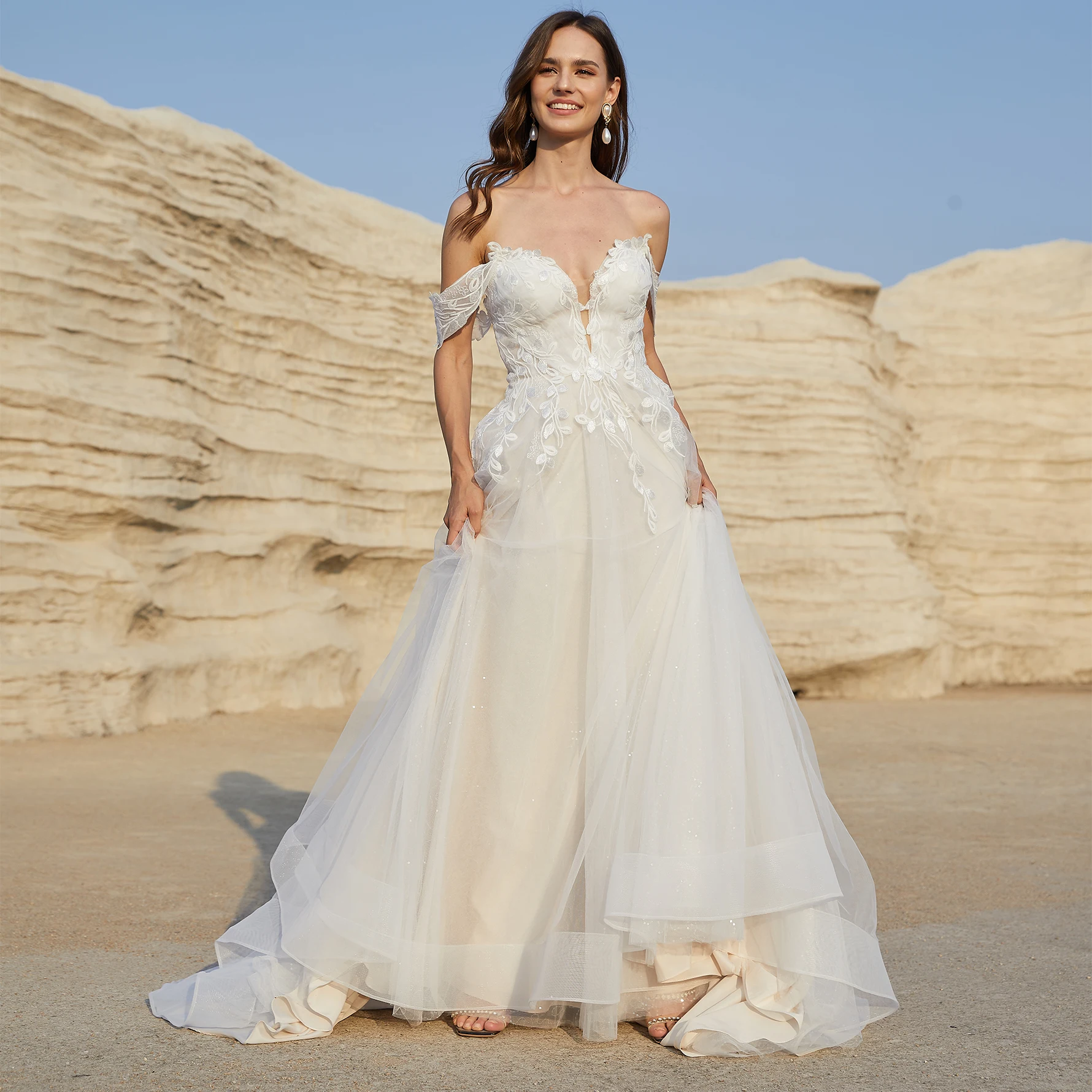 

Женское свадебное платье с открытыми плечами, блестящее ТРАПЕЦИЕВИДНОЕ платье невесты с аппликацией, свадебное платье